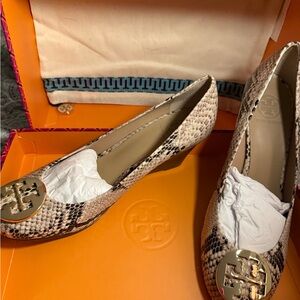 Tory Burch Snakeskin Wedge with Gold Accents